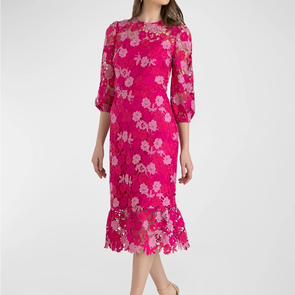 ISO Shoshanna Judith Flounce-Hem Crochet Lace Midi Dress